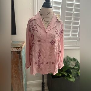 New with Tags 100% Silk Johnny Was Light Pink Blouse with Purple Embroidery